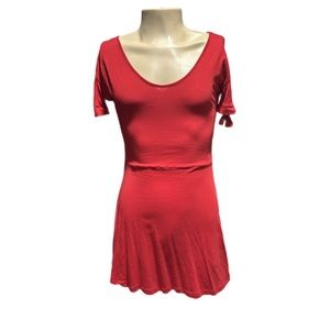 Women’s Short Sleeve Dress with Criss Cross on Back & Knotted Sleeves in Red